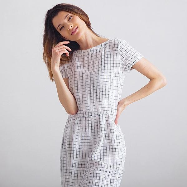 linenme White Navy Checked Linen Dress Adel