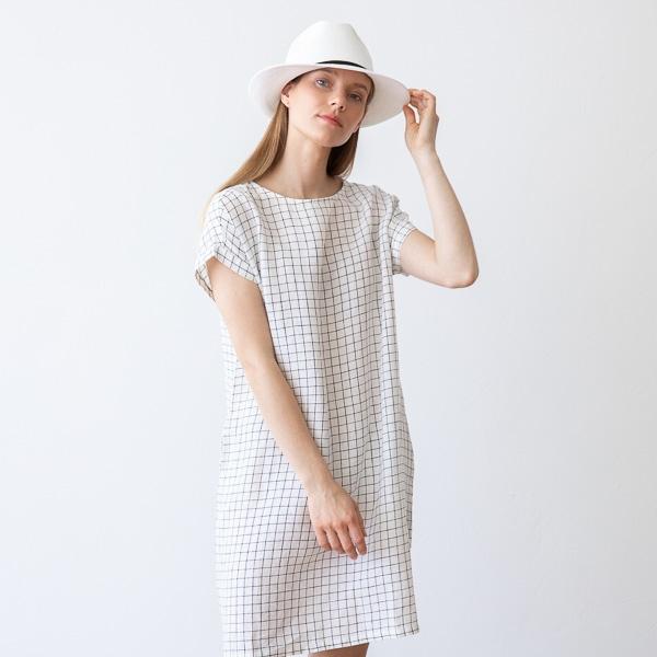 Linenme White Navy Checked Linen Dress Alice