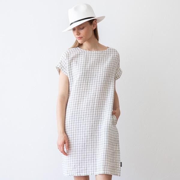 linenme White Navy Checked Linen Dress Alice