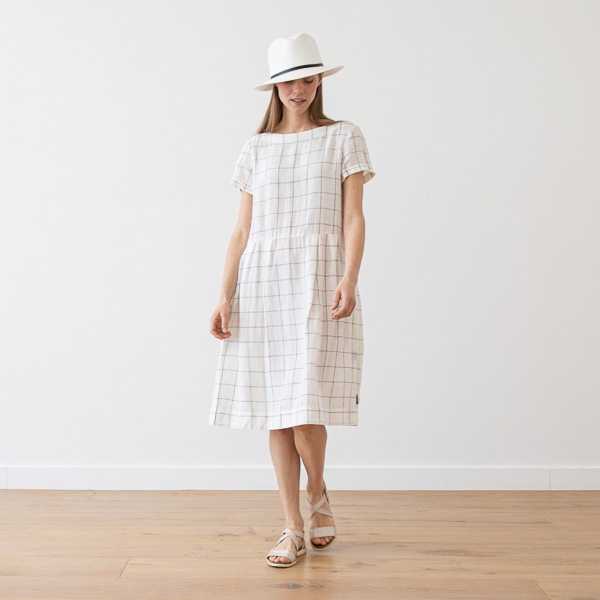 Linenme White Navy Window Pane Linen Dress Adel