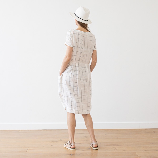 Linenme White Navy Window Pane Linen Dress Adel
