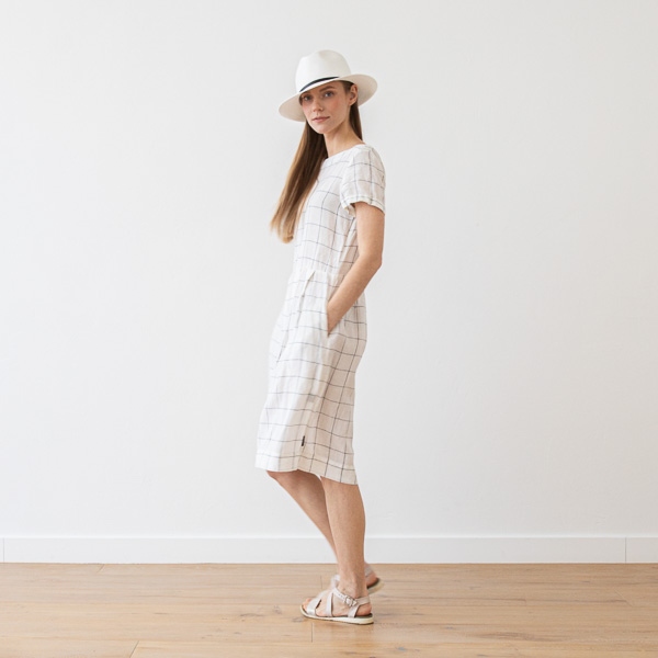Linenme White Navy Window Pane Linen Dress Adel