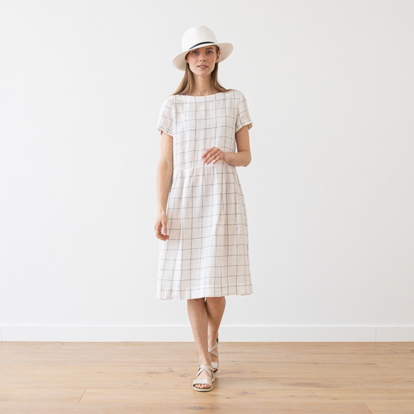 linenme White Navy Window Pane Linen Dress Adel