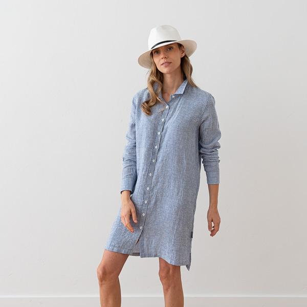 Linenme Medium Stripe Linen Shirt Dress Blue Paulette
