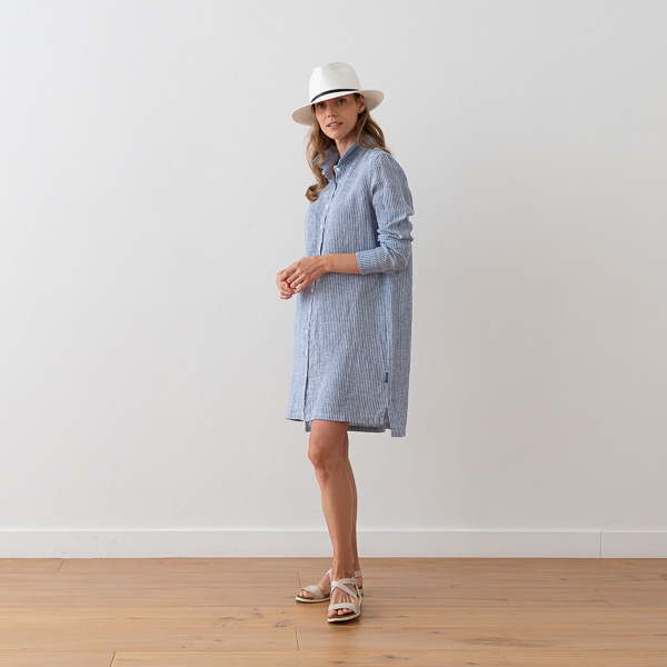 Linenme Medium Stripe Linen Shirt Dress Blue Paulette