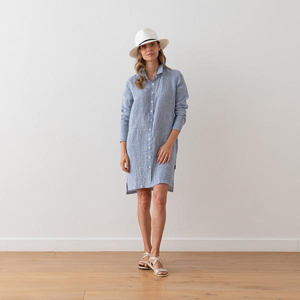 Linenme Medium Stripe Linen Shirt Dress Blue Paulette