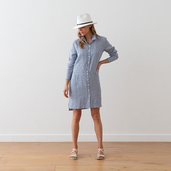 linenme Medium Stripe Linen Shirt Dress Blue Paulette