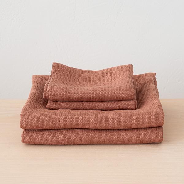 linenme Mocha Linen Waffle Bath Towels and Hand Towels Washed