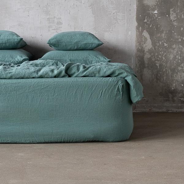 linenme Moss Green Linen Deep Fitted Sheet Stone Washed