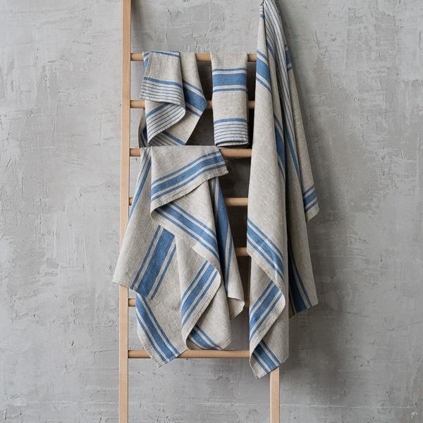 Linenme Natural Blue Striped Linen Towels Set Provence