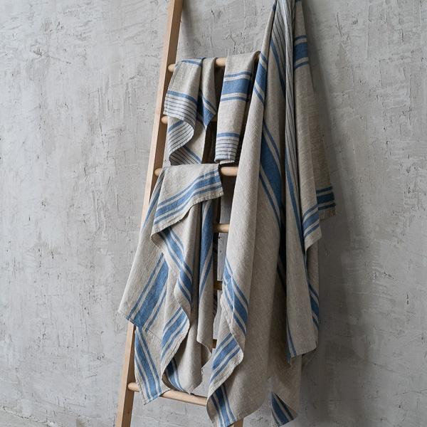 Linenme Natural Blue Striped Linen Towels Set Provence