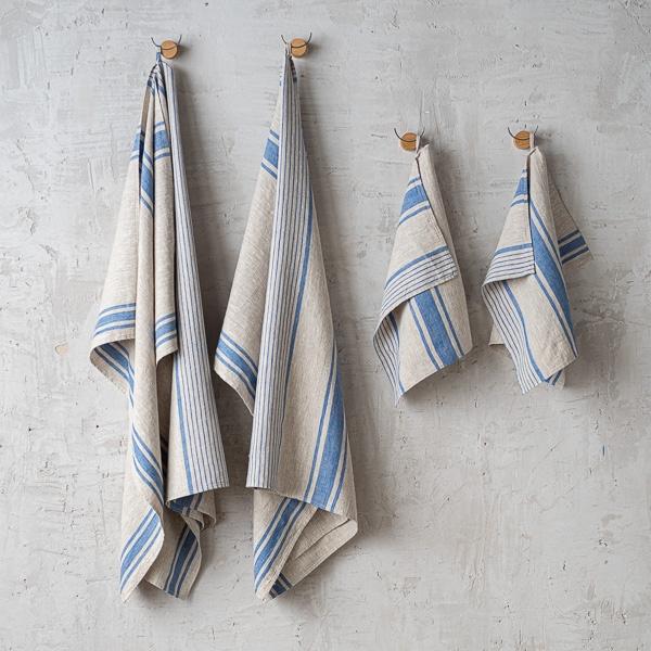 Linenme Natural Blue Striped Linen Towels Set Provence