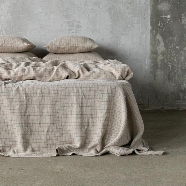 linenme Natural Brick Check Washed Linen Flat Sheet