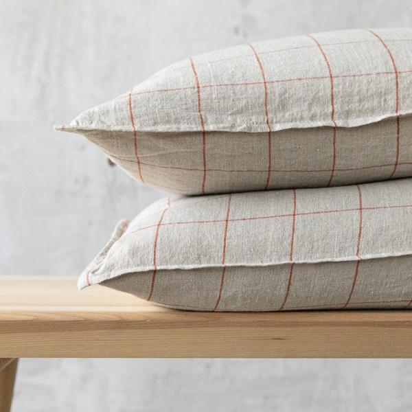 Linenme Natural Brick Large Check Linen Cushion Cover