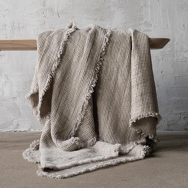 linenme Natural Linen Throw with Fringes Washed Waffle