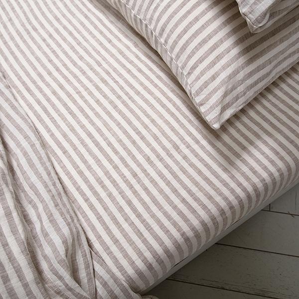 Linenme Natural Washed Bed Linen Fitted Sheet Ticking Stripe