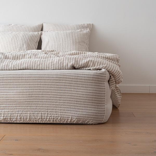 linenme Natural Washed Bed Linen Fitted Sheet Ticking Stripe