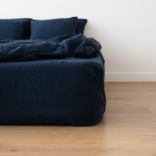 linenme Navy Blue Linen Deep Fitted Sheet Stone Washed