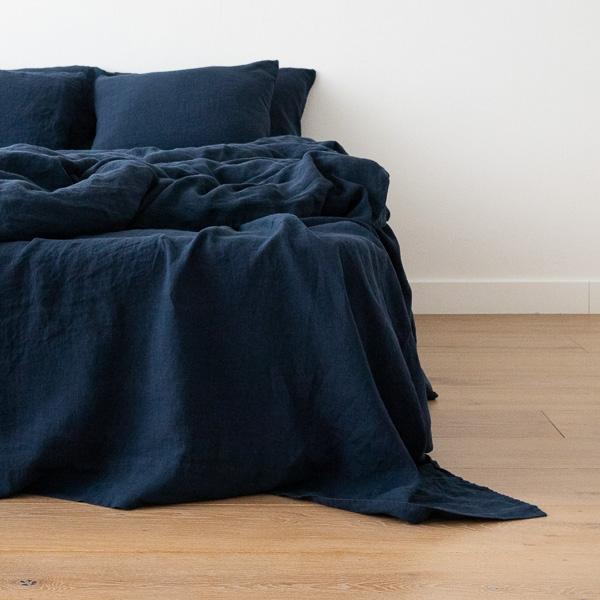 linenme Navy Blue Stone Washed Bed Linen Flat Sheet