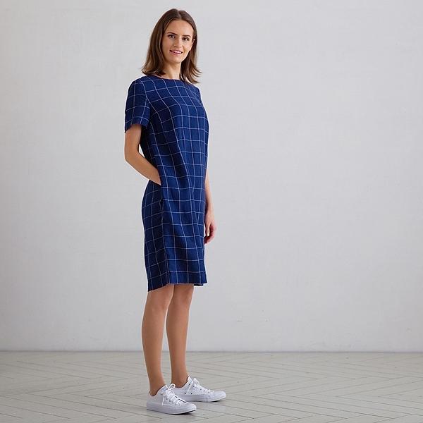 Linenme Navy Off White Window Pane Linen Dress Isabella