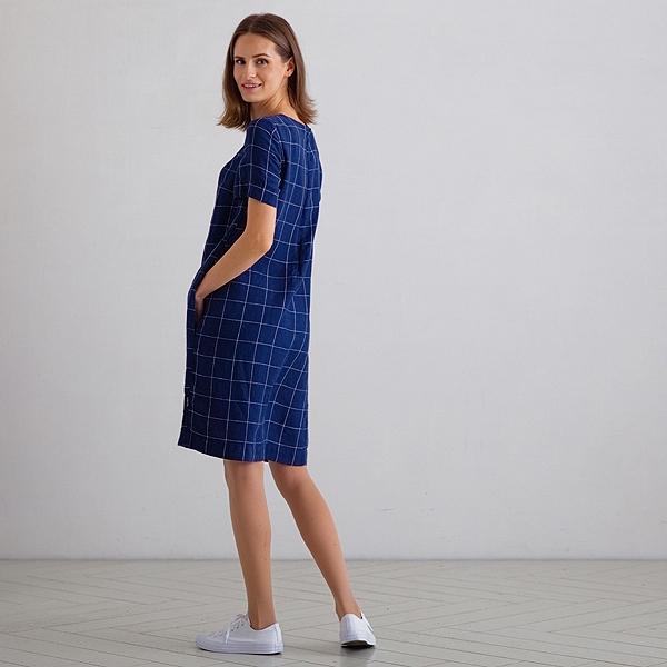 Linenme Navy Off White Window Pane Linen Dress Isabella