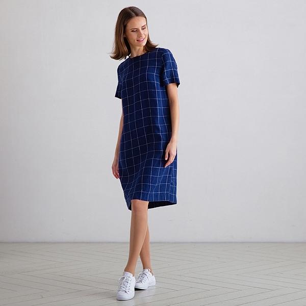 linenme Navy Off White Window Pane Linen Dress Isabella
