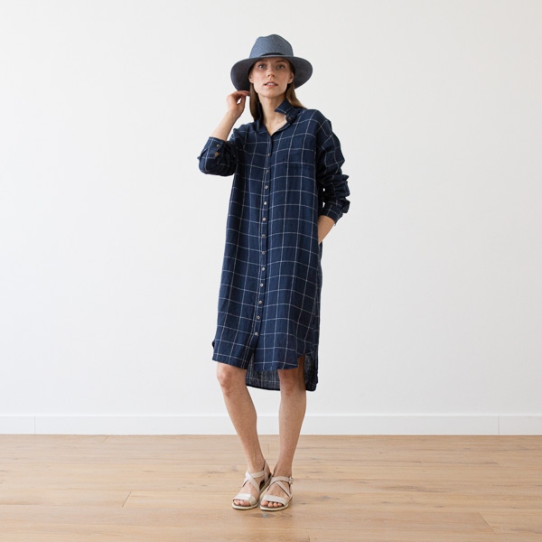 Linenme Navy Off White Window Pane Linen Shirt Dress Paula