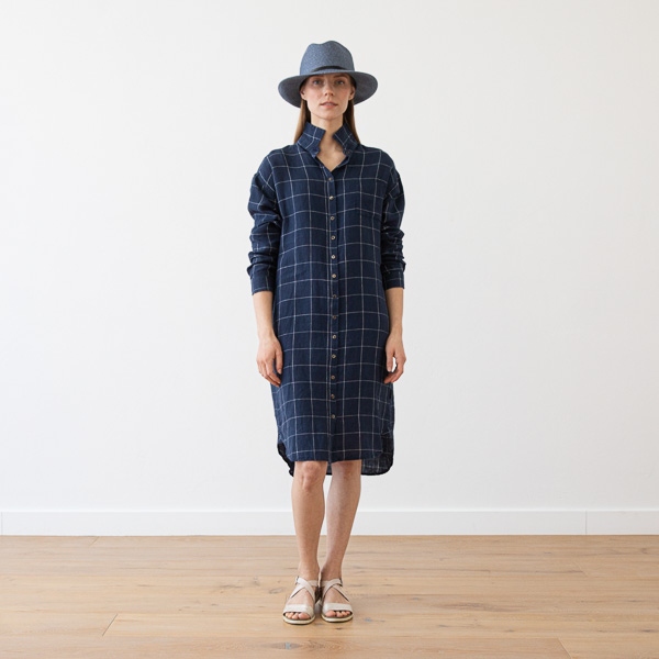 Linenme Navy Off White Window Pane Linen Shirt Dress Paula