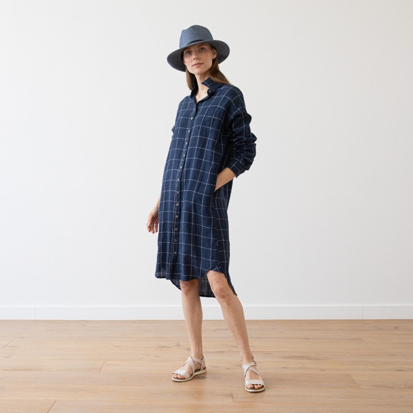 Linenme Navy Off White Window Pane Linen Shirt Dress Paula
