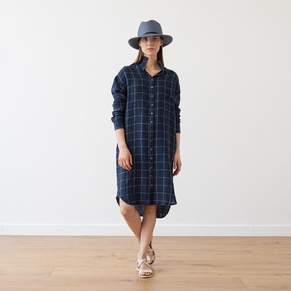 linenme Navy Off White Window Pane Linen Shirt Dress Paula