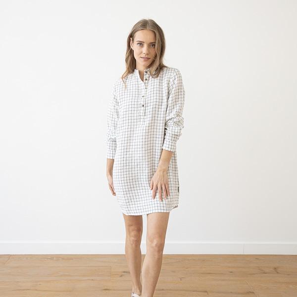 Linenme Off White Navy Check Linen Night Shirt Alma