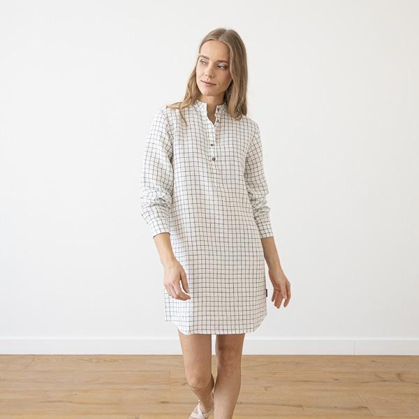 Linenme Off White Navy Check Linen Night Shirt Alma