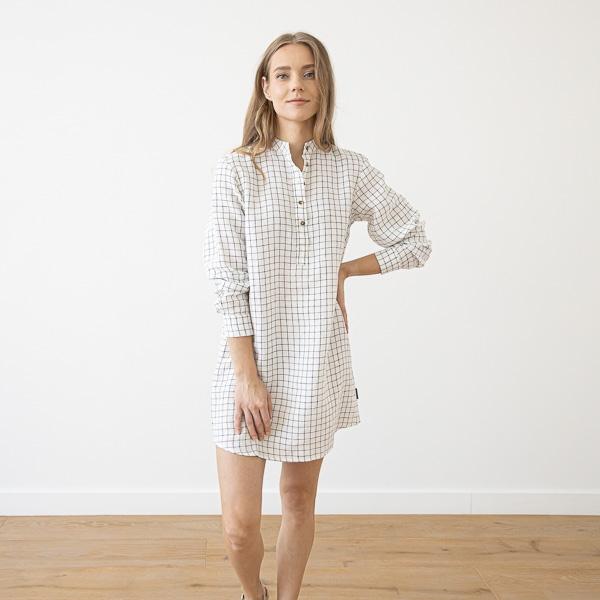 Linenme Off White Navy Check Linen Night Shirt Alma