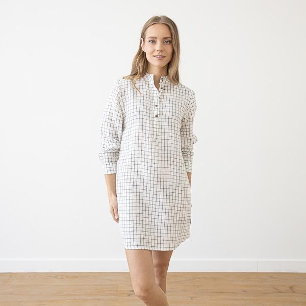linenme Off White Navy Check Linen Night Shirt Alma
