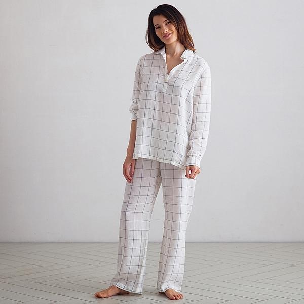 Linenme Off White Navy Window Pane Linen Pyjama Alma