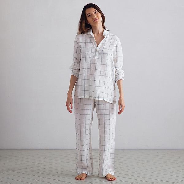 Linenme Off White Navy Window Pane Linen Pyjama Alma
