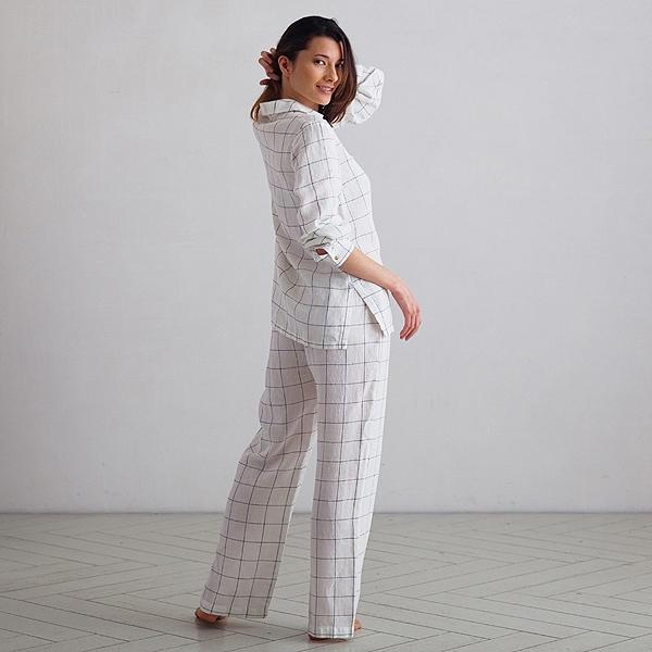 Linenme Off White Navy Window Pane Linen Pyjama Alma