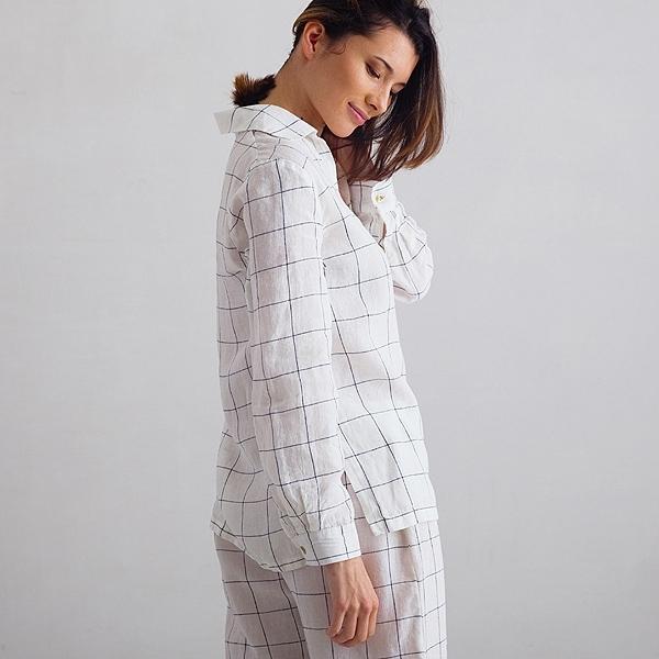 linenme Off White Navy Window Pane Linen Pyjama Alma