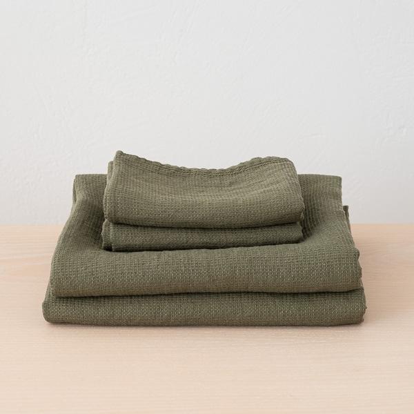 linenme Olive Green Linen Waffle Bath Towels and Hand Towels Washed