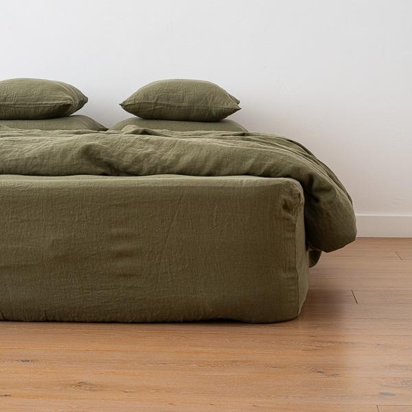 Linenme Olive Green Stone Washed Bed Linen Fitted Sheet