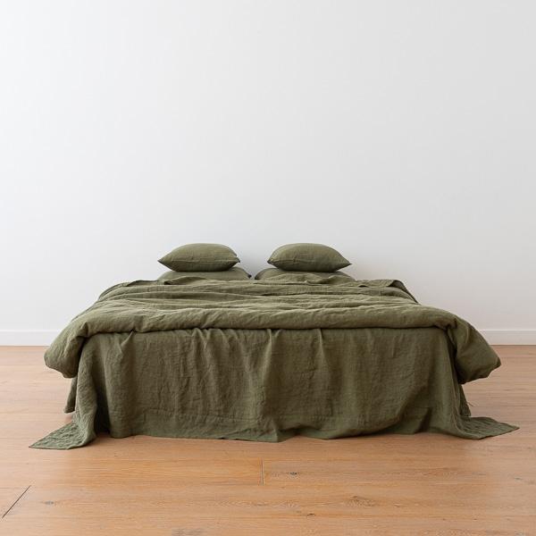 Linenme Olive Green Stone Washed Bed Linen Flat Sheet
