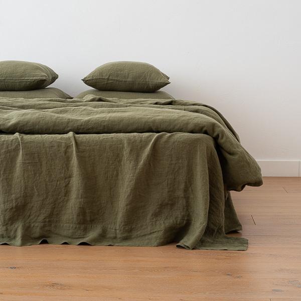 linenme Olive Green Stone Washed Bed Linen Flat Sheet