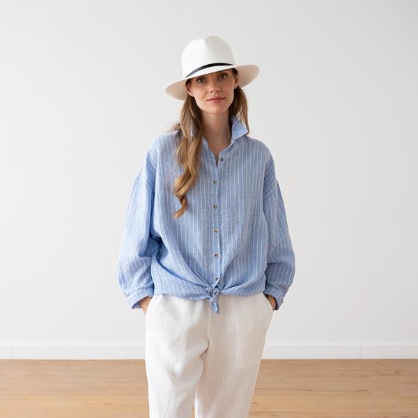 linenme Oversized Large Stripe Light Blue Linen Shirt Ruth