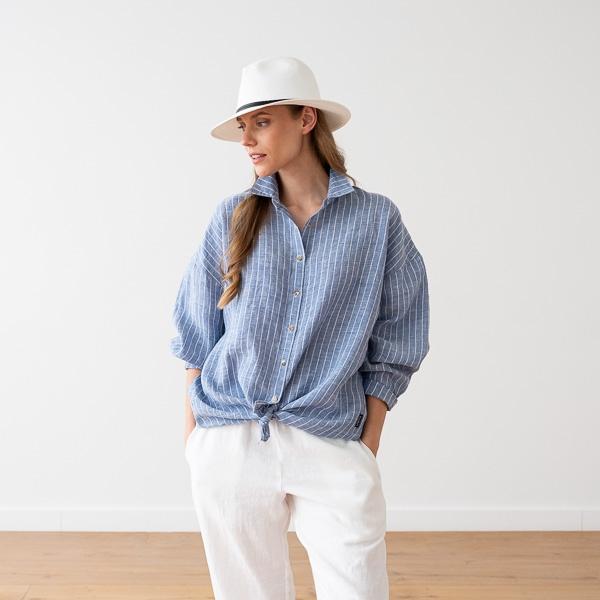 linenme Oversized Large Stripe Light Blue Linen Shirt Ruth