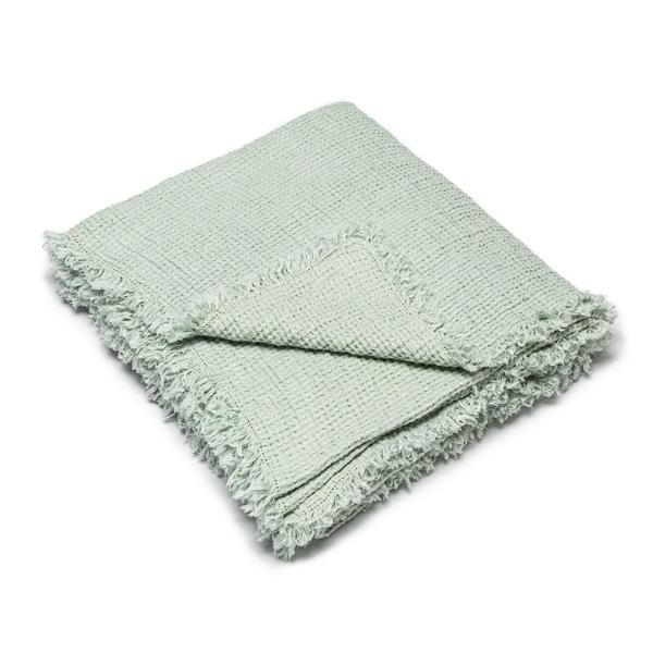 Linenme Sea Foam Linen Throw With Fringes Washed Waffle