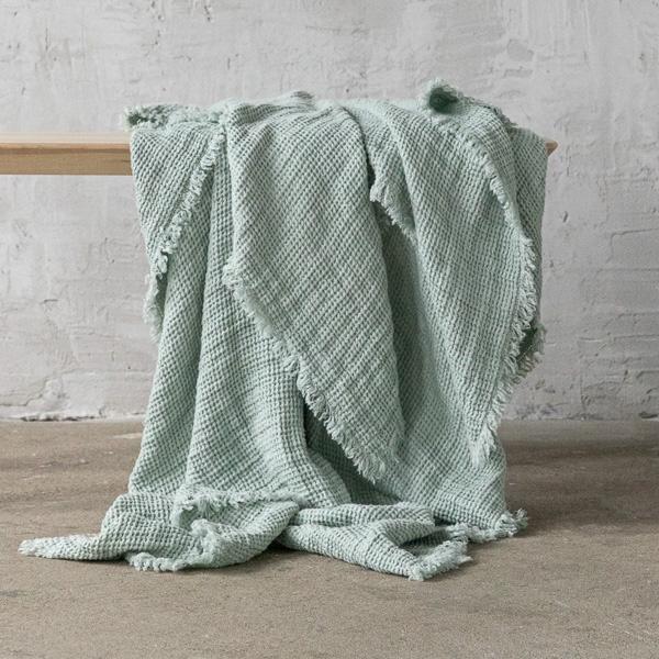 linenme Sea Foam Linen Throw with Fringes Washed Waffle