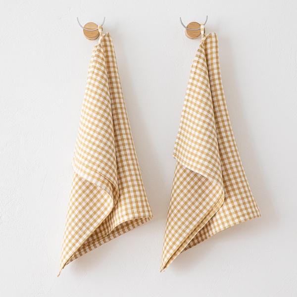 linenme Set of 2 Antique Gold Linen Tea Towels Gingham