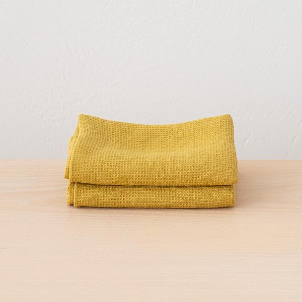 linenme Set of 2 Antique Gold Linen Waffle Hand Towels Washed