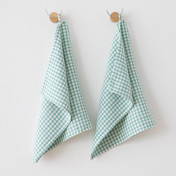 linenme Set of 2 Aqua Foam Linen Tea Towels Gingham