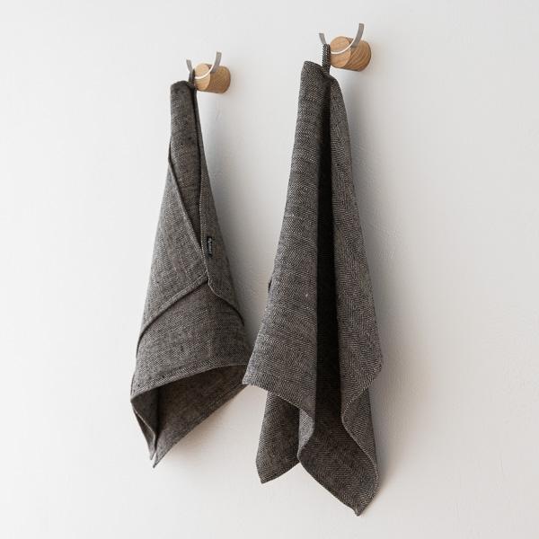 Linenme Set Of 2 Black Natural Linen Hand Towels Chevron